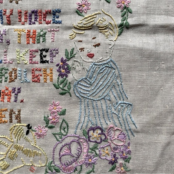 Vintage Childs Prayer Sampler Linen Birds Flowers Boy Girl Baby Nursery - Picture 3 of 6
